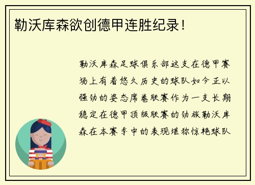 勒沃库森欲创德甲连胜纪录！